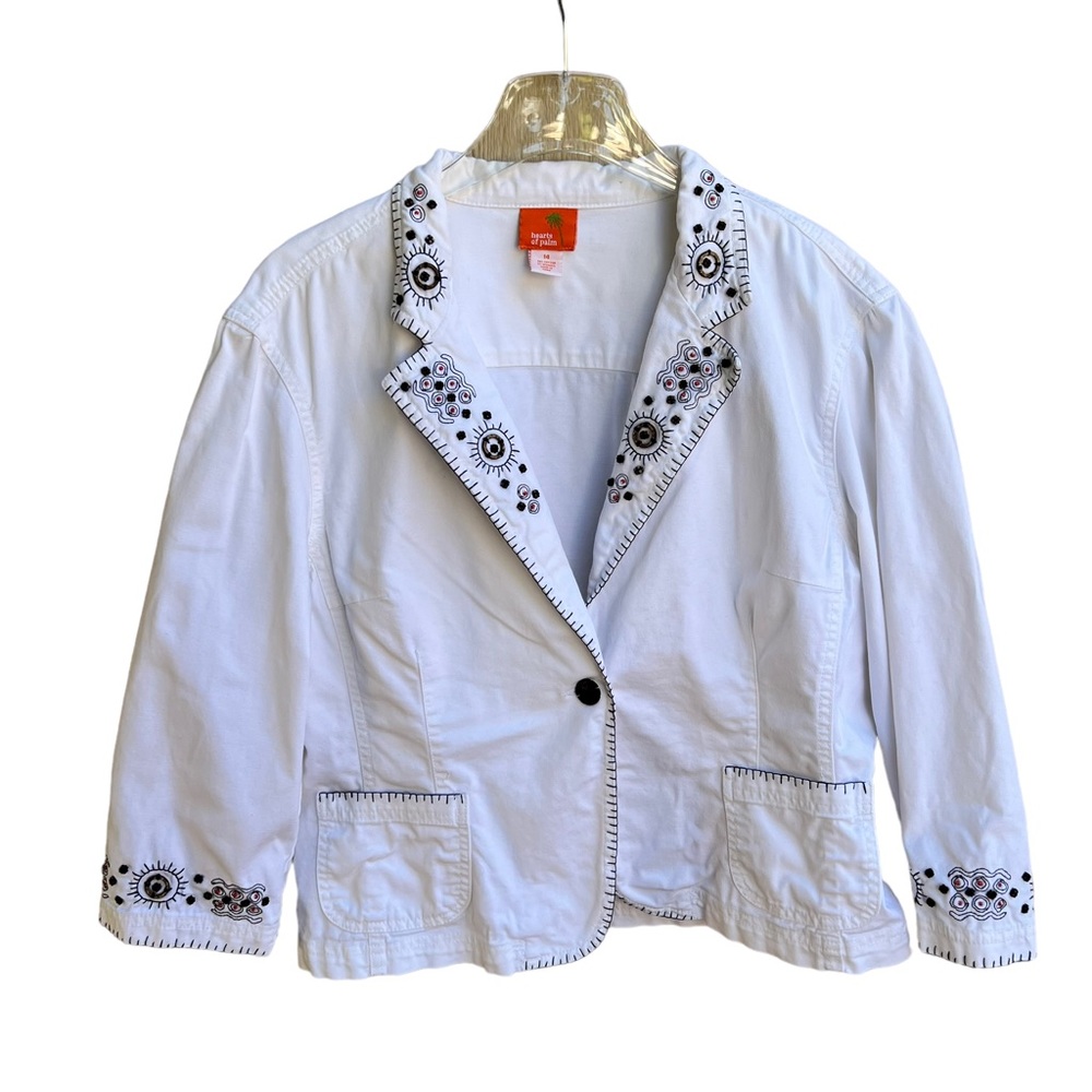 Hearts of Palm White Brown Wood Beads Pockets 3/4 Sleeve Cropped Jacket size 14